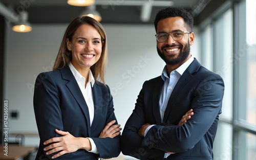 Happy smiling confident professional mature Latin business man and Asian business woman colleagues corporate managers standing in office, two diverse executives team laughing arms crossed, portrait.