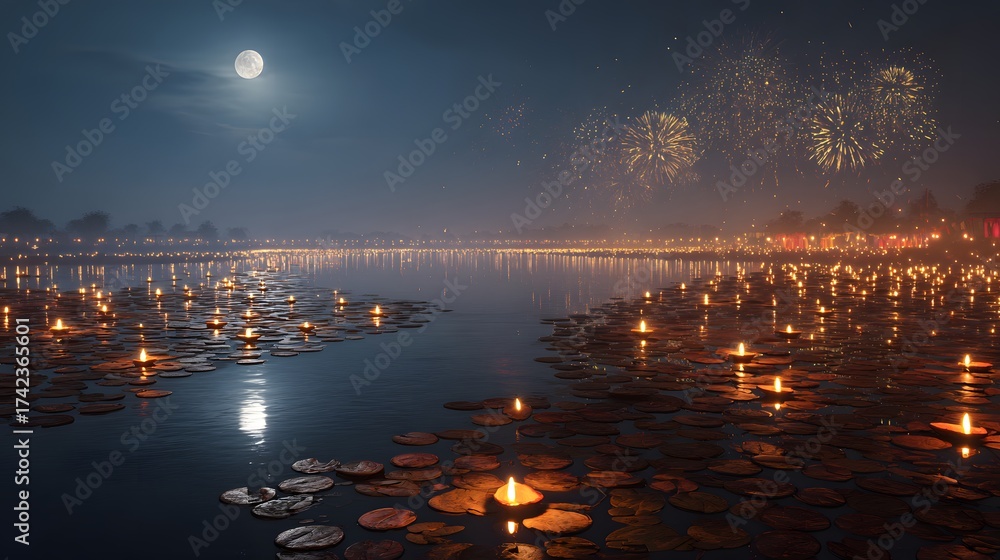 Fototapeta premium Celebrate diwali festival of lights with fireworks and candles on water at night scene