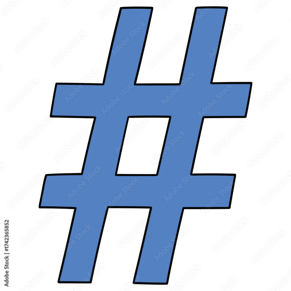 Fototapeta premium Hand-drawn cartoon blue hashtag sign on a white background.
