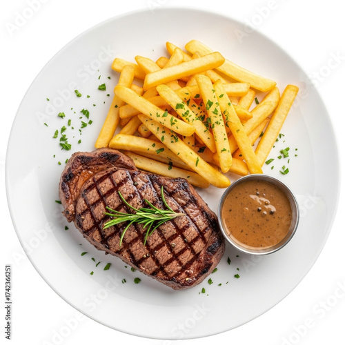 Juicy grilled steak with crispy french fries and dipping sauce