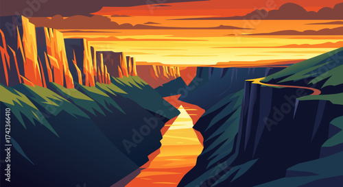 Vibrant sunset illuminates a majestic river canyon, with dramatic cliffs and winding roads, creating a breathtaking natural landscape perfect for adventure