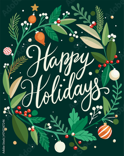 Happy Holidays Hand Lettering Calligraphy Greeting Card Design Template with Christmas Wreath