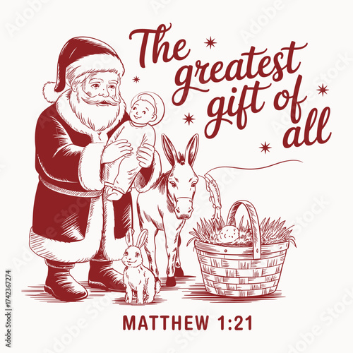 christian christmas design santa with baby jesus the greatest gift of all matthew 1 21 holiday faith art festive religious graphic