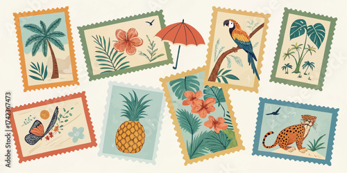 Collection of tropical themed postage stamps featuring plants animals and an umbrella illustration