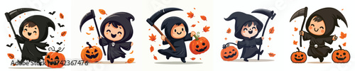 Vector of a little boy in a grim reaper costume celebrating Halloween