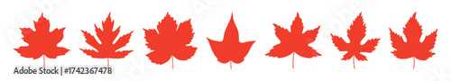 Red maple leaves set isolated on white background. Simple silhouette icons of autumn flat leaves. Canada label. Vector illustration