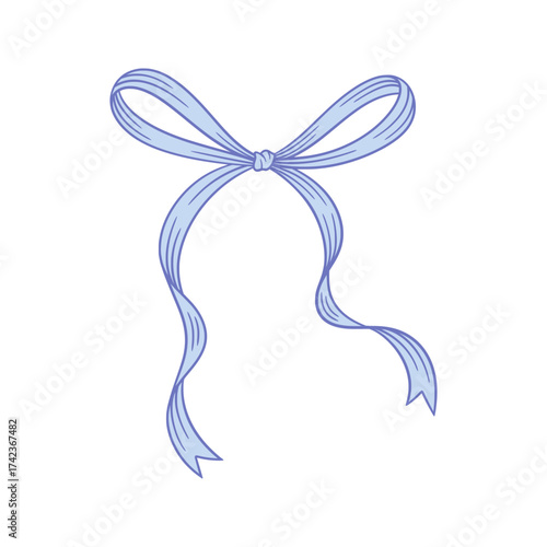 Coquette aesthetic blue bow. Line drawing of cute ribbon for a baby shower decoration. Wedding, Valentine's, birthday gift. Retro style girly vector illustration. Doodle lace.