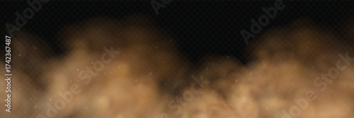 Realistic brown smoke or haze, magic fog and vapor on floor, hot fire flame effect, overlay on transparent background.