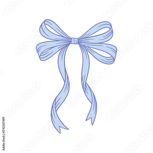 Coquette aesthetic blue bow. Line drawing. Hand drawn cute ribbon for baby shower decoration. Wedding, Valentine's, birthday gift. Retro style girly vector illustration.