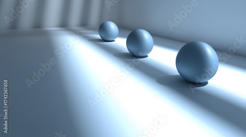Elegant composition of three spheres with shadows and light beams in clean room