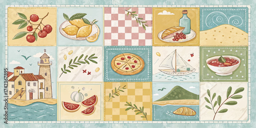 Aesthetic collage of various food items and scenic views in a tiled square arrangement style art