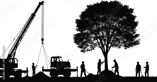 Construction crane with workers planting tree, environmental teamwork, infrastructure and nature balance, occupational safety, sustainability concept, vector illustration