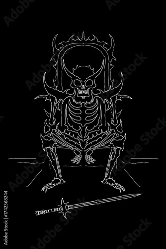 Demonic skeleton on throne line art with sword, gothic dark fantasy vector design illustration for metal merch, tattoo, or streetwear print