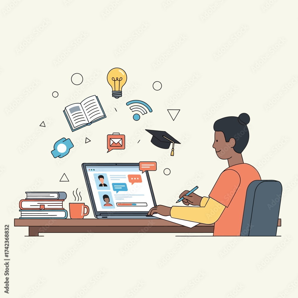 Naklejka premium Flat Vector Illustration of Student Studying Online at Laptop Desk