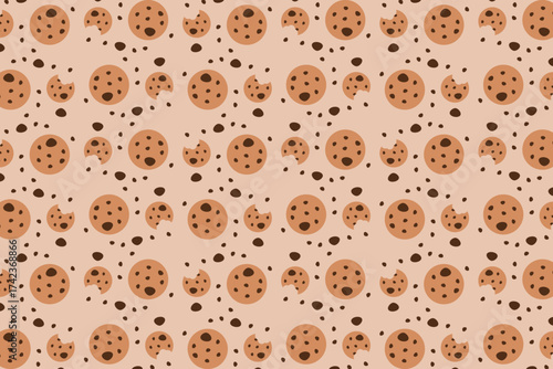 Seamless Chocolate Chip Cookie Pattern on light brown Background