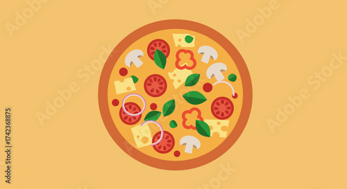 Flat Vector Pizza with Mushrooms, Tomatoes, Cheese and Basil