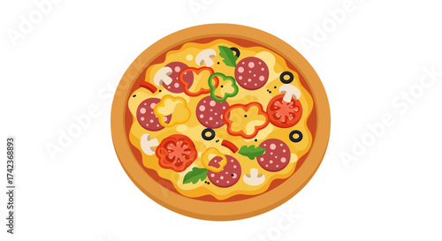 Delicious Pizza with Pepperoni, Peppers, and Mushrooms Illustration