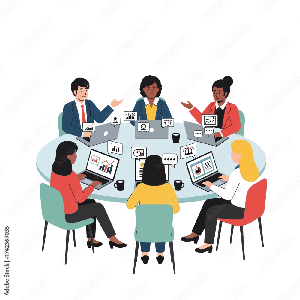 Obraz premium Modern Vector Illustration of Diverse Business People Collaborating Around Table with Laptops
