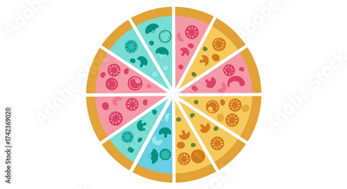 Colorful Pizza Slices with Various Toppings Illustration