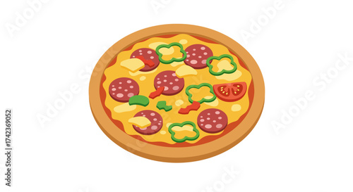 Cartoon Pepperoni Pizza with Green Peppers and Tomato Slice