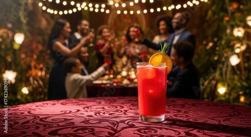 A vibrant red cocktail garnished with an orange slice and rosemary sprig, placed on a textured red tablecloth in a dimly lit, festive setting with blurred figures celebrating in the background
