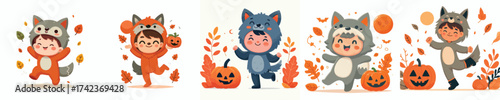 vector of little boy in wolf costume celebrating halloween
