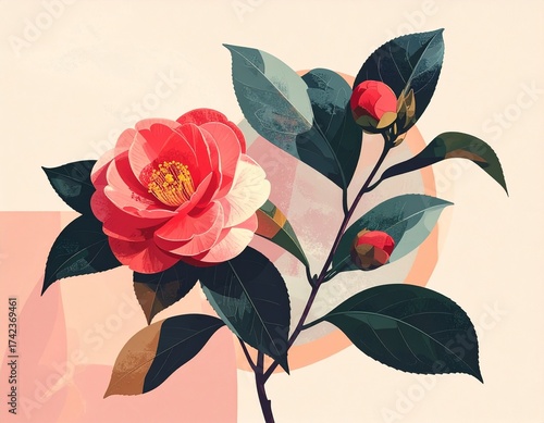 赤い椿の花のイラスト / Red Camellia Flower Illustration