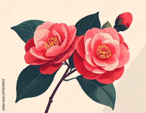 赤い椿の花のイラスト / Red Camellia Flower Illustration