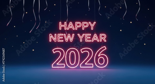 Happy new year 2026 neon sign on dark blue background for celebration