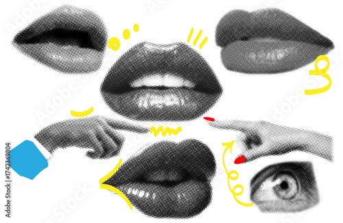 Trendy collage of female beauty lips and pointing hands in halftone texture