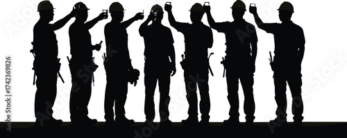 Construction workers lineup, hard hats, safety helmets, ID check, industrial silhouettes, occupational safety, labor force, vector illustration
