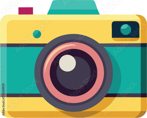 A vibrant vector illustration of a set of colorful vintage film cameras with a lens is the perfect icon for digital photography technology web design