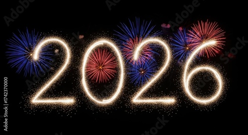 Sparkling 2026 numbers with fireworks on black background, celebrating the new year