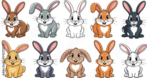 Large Set of Ten Cute Cartoon Rabbit Characters in Various Fur Colors Happy Bunny Collection Vector