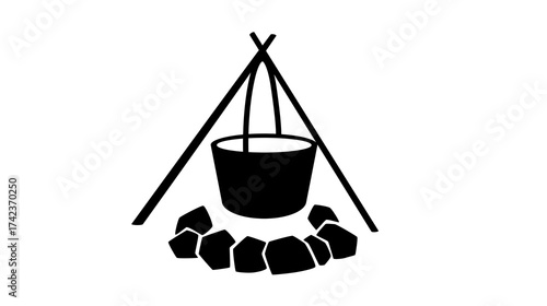 Simple illustration of a camping pot over a campfire with a teepee structure