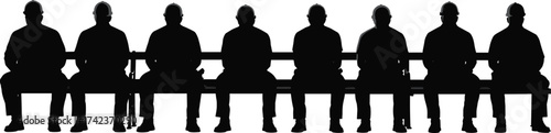 Construction workers silhouettes sitting on bench, hard hats, labor force, occupational safety, teamwork, industrial workforce, vector illustration