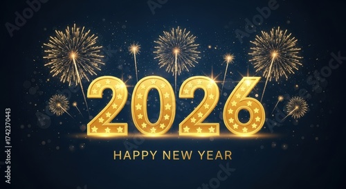 Happy new year 2026 with golden fireworks and glitter on dark blue background