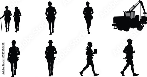 Construction workers silhouettes with crane truck, hard hats, safety helmets, industrial labor force, occupational safety, infrastructure, vector illustration