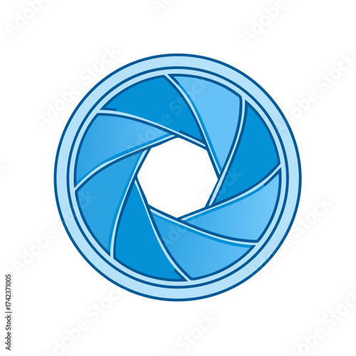 Blue camera lens aperture graphic illustration