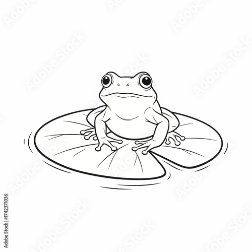 Minimalist line art illustration of a serene frog resting peacefully on a floating lily pad, a charming vector graphic depicting aquatic wildlife for nature-themed projects and educational content