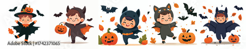 vector of little boy in bat costume celebrating halloween