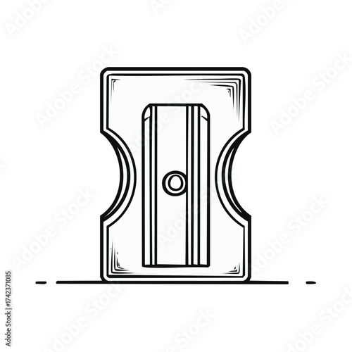 Stylized Pencil Sharpener with Rectangular Design and Rounded Cutouts in Black and White
