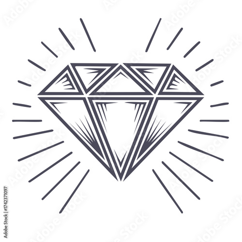 Elegant single gem cut with linear radiant beams concept for luxury and investment opportunities with vector line art style