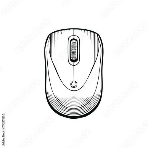 Detailed line drawing of a computer mouse, minimalist monochrome illustration for technology, device, or interface themes.