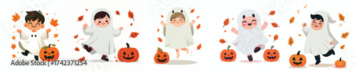 vector of little boy in red ghost costume celebrating halloween