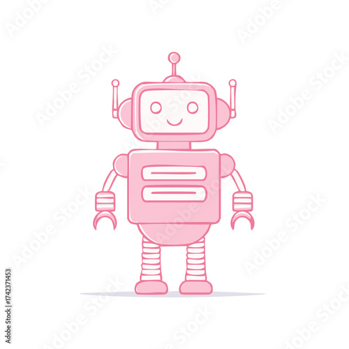Cute Pink Robot Character Illustration Featuring Antennae Screen and Segmented Limbs on White