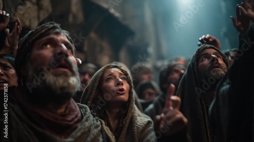 The people of Bethlehem step out of their homes, gazing at a mysterious light in the night sky with awe and wonder. A biblical, cinematic Christmas scene full of emotion and faith.
