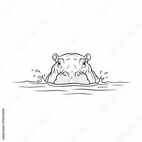 Artistic line illustration depicting a hippopotamus partially submerged in water, showcasing its iconic face and the surrounding ripples and splashes in a bold monochrome style