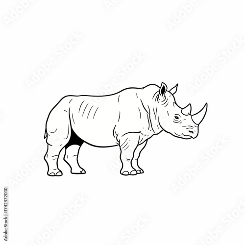 Detailed line art illustration of a powerful rhinoceros standing, showcasing its iconic horn and thick skin texture, perfect for wildlife education or design projects
