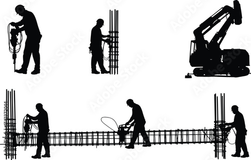 Construction workers with rebar and excavator, power tools, industrial labor, occupational safety, teamwork, infrastructure silhouettes, vector illustration